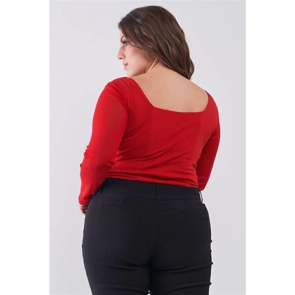 Plus Size Crimson Red Sleeve Sweetheart Crop Top - Picture 3 of 3
